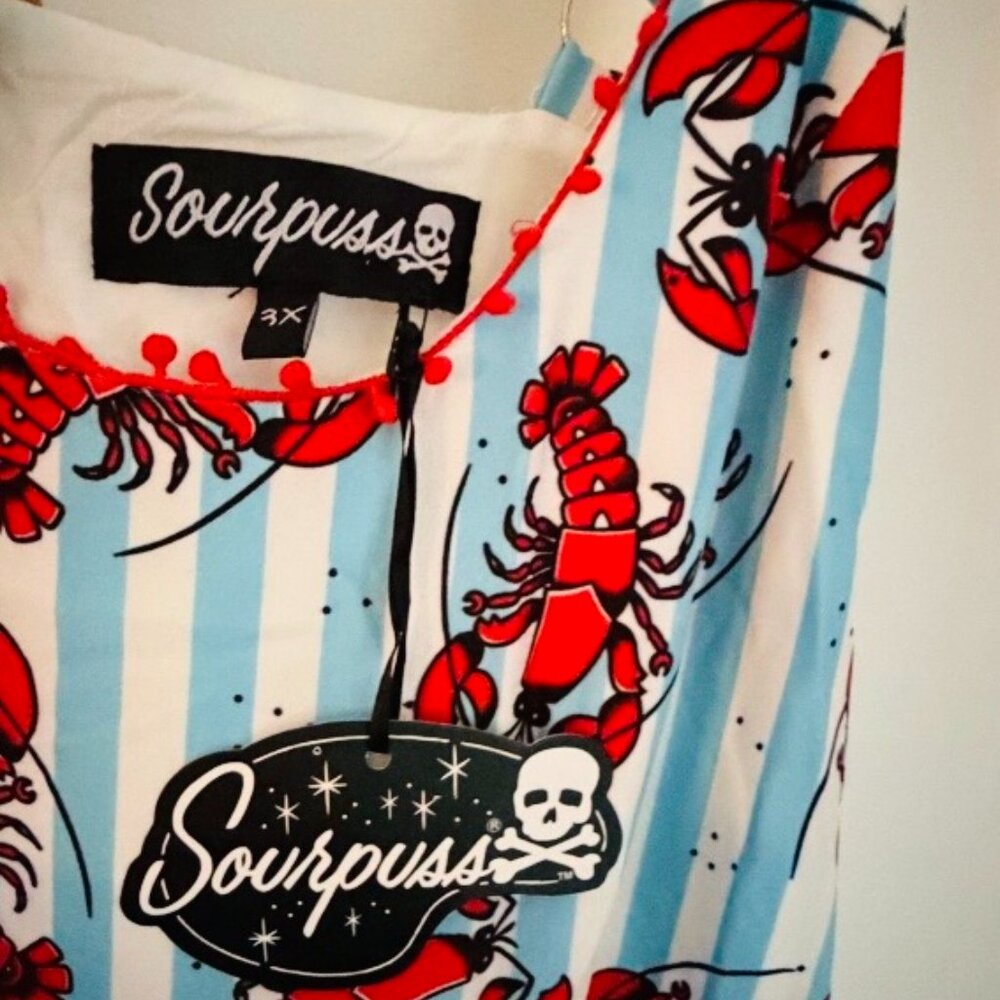 Sourpuss pinup striped lobster dress pom pom trim lined  2X NWT